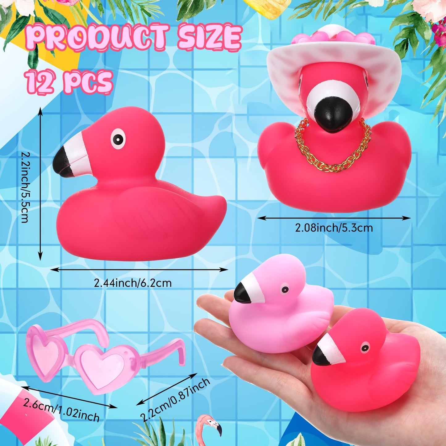 Sotiff 12 Sets Flamingo Rubber Duckies Bulk Mini Pink Flamingo Bath Toys With Hat Sunglasses And Necklaces Floating Squeaky Bath