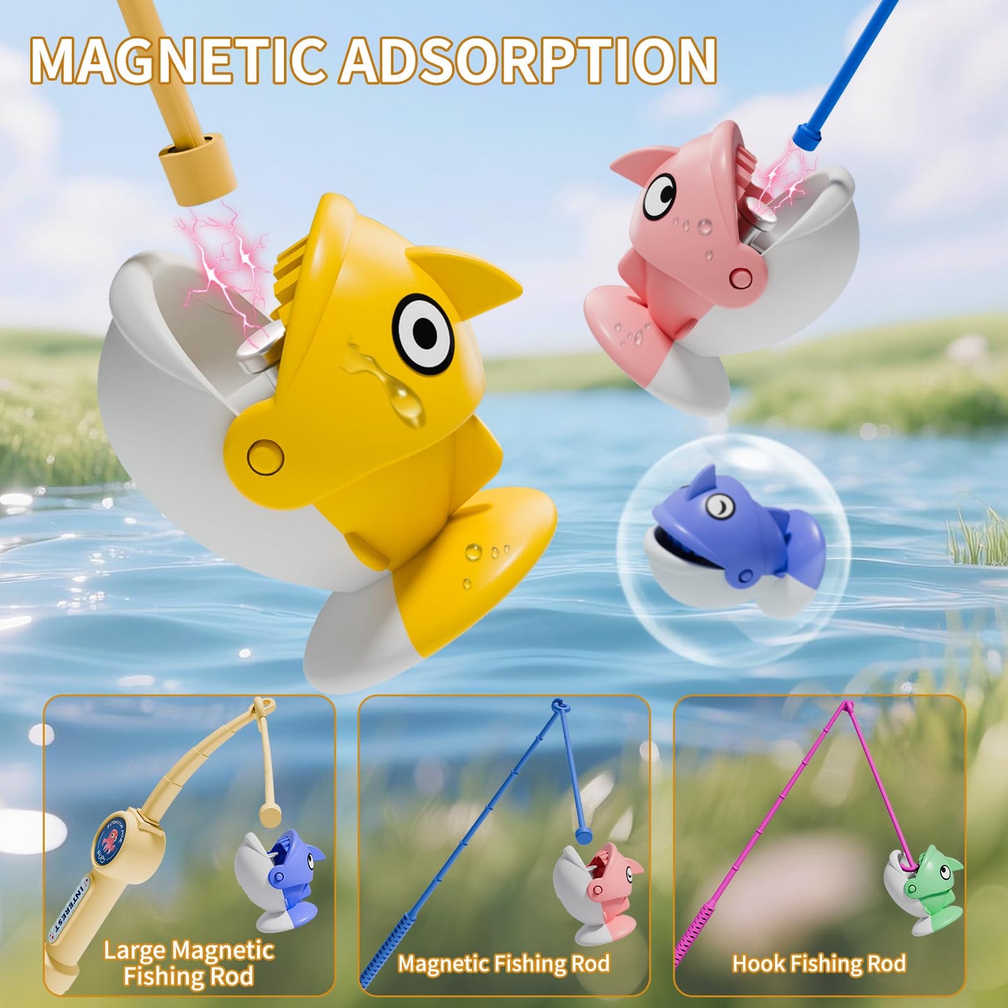 ORANGE OCEAN 66 PCS Magnetic Fishing Game for Kids, 360° Rotation, Plastic, Ideal Birthday Gift for Ages 3-8
