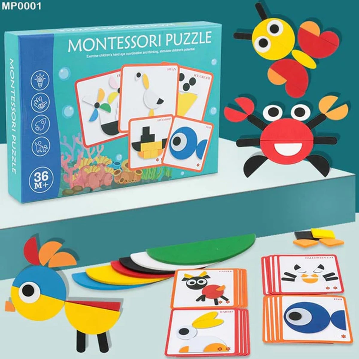 Geo Animo Puzzle  Wooden Puzzle Animal Pattern Blocks Toys Tangrams Puzzle Set for Kids with Storage Bag and 20 Design Cards fo