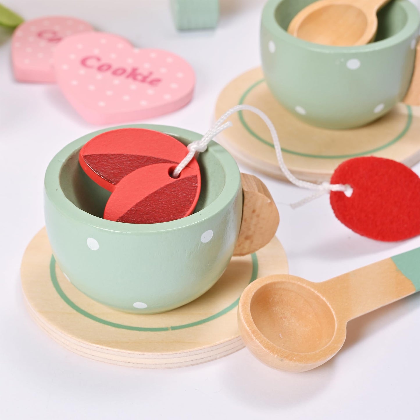 MONT PLEASANT 27pcs Wooden Tea Set for Little Girls, Toddler Tea Set Wooden Toys Play Kitchen Accessories with Cupcake Stand, Ki