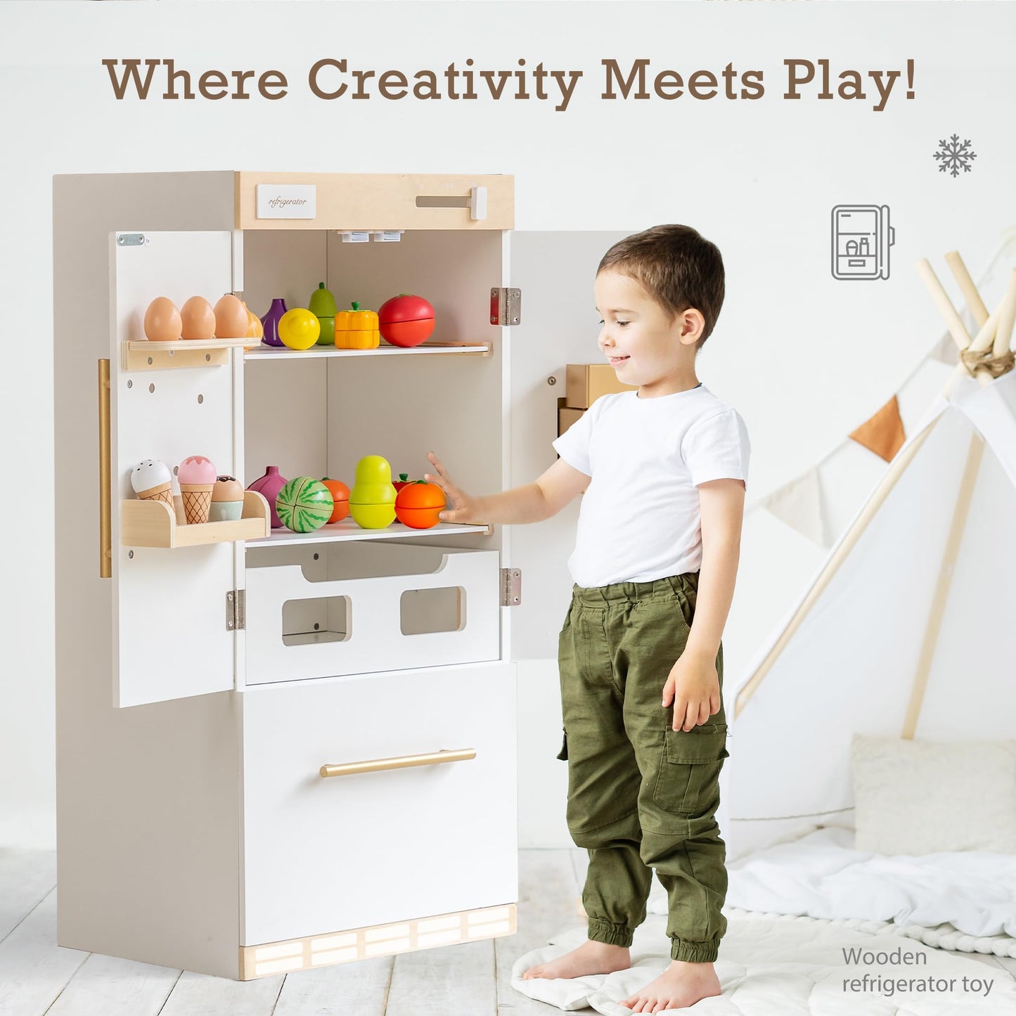 Wooden Play Kitchen Fridge - Interactive Ice Maker, Double Door Storage & Creative Fridge Magnets, Pretend Play Refrigerator For