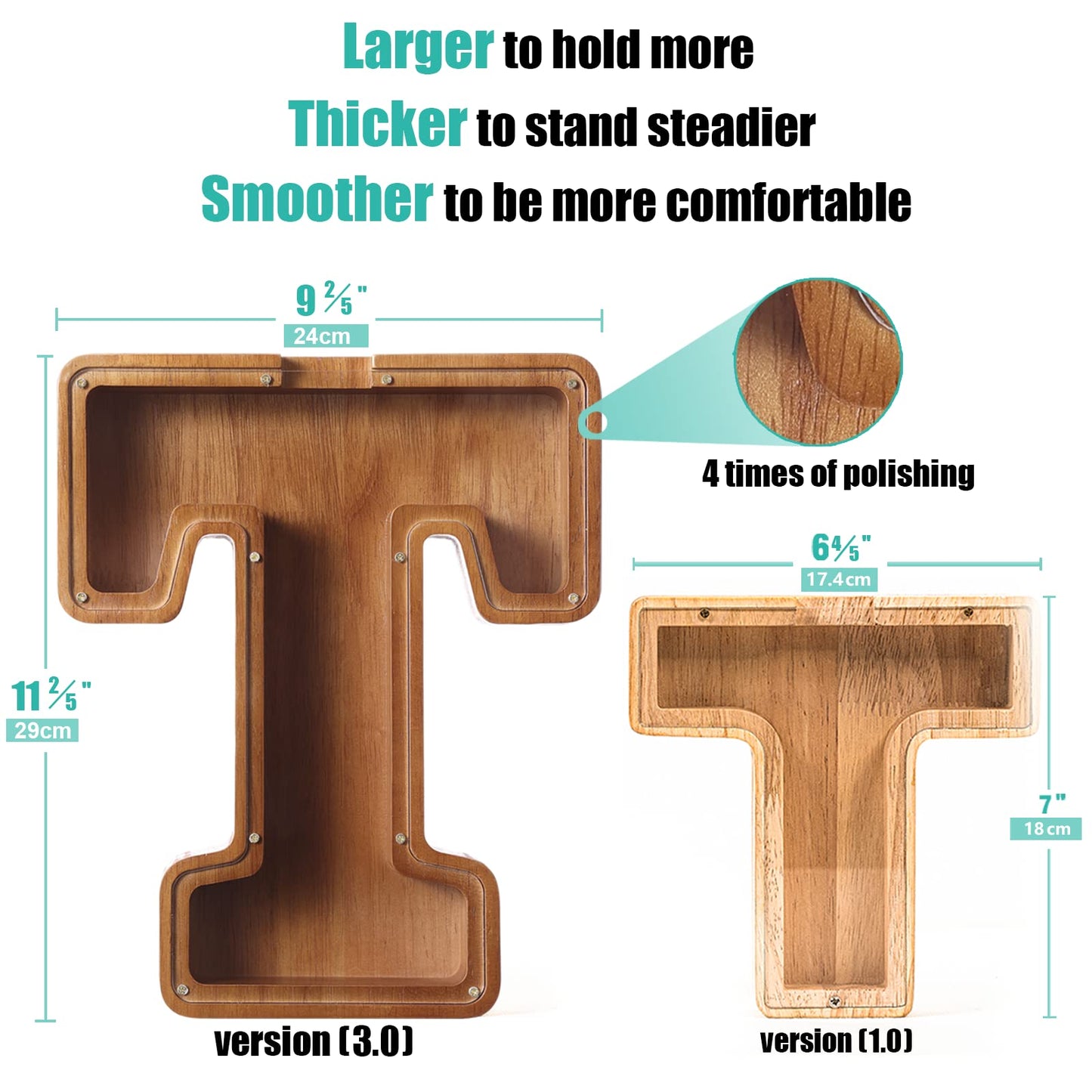 Summidate Large Wooden Piggy Bank for Kids mature-themeds  Alphabets Letter A-Z Piggy Bank for Boys Girls  Coins Bills Change Bank Box Personalized Initial Name Kids Money Bank for Birthday Present and Decor