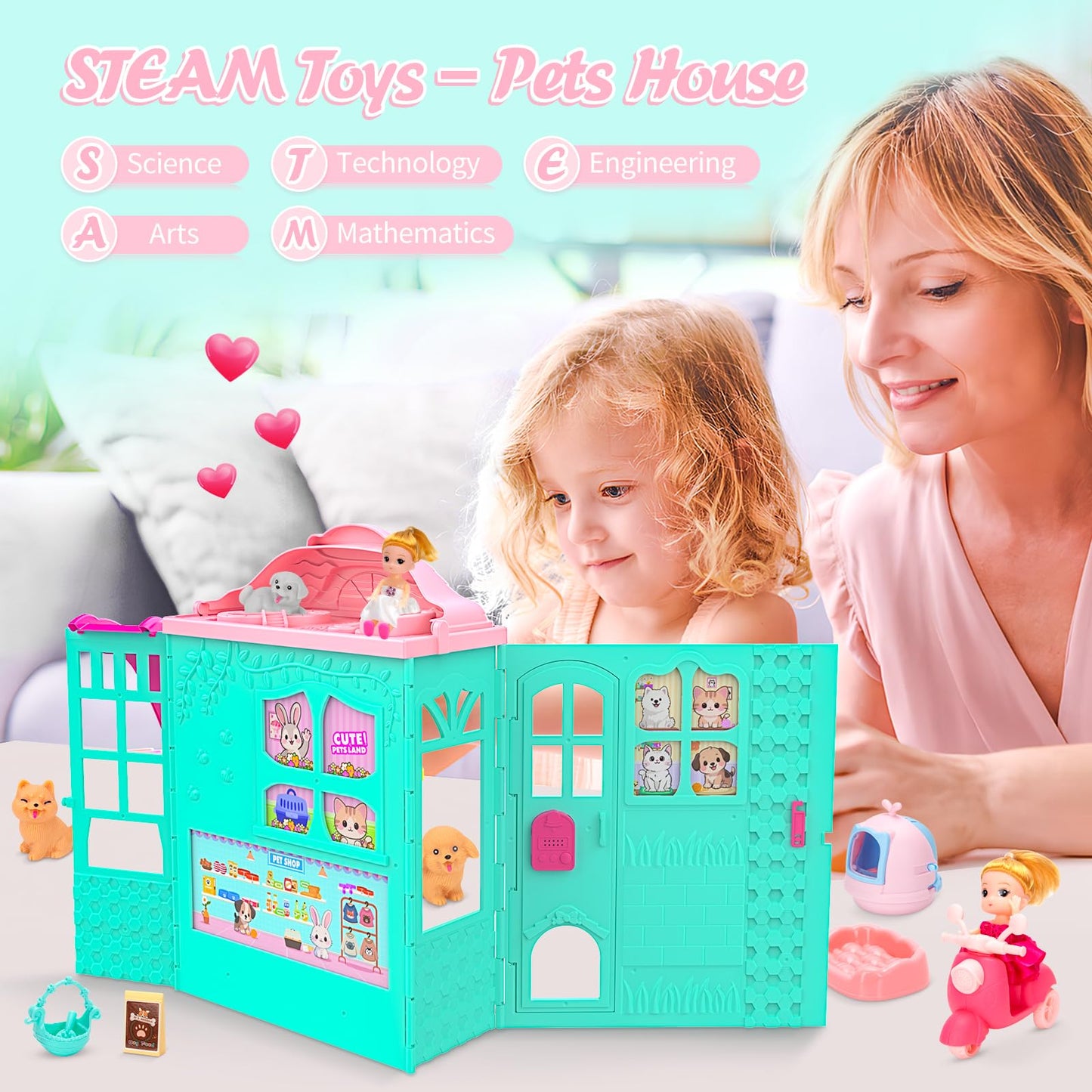 Foldable Pets Dollhouse Toy Play Set, Doll House of Pets with 31+ Accessories Includes Dolls, Motor, Pool, Little Pets, Slide an