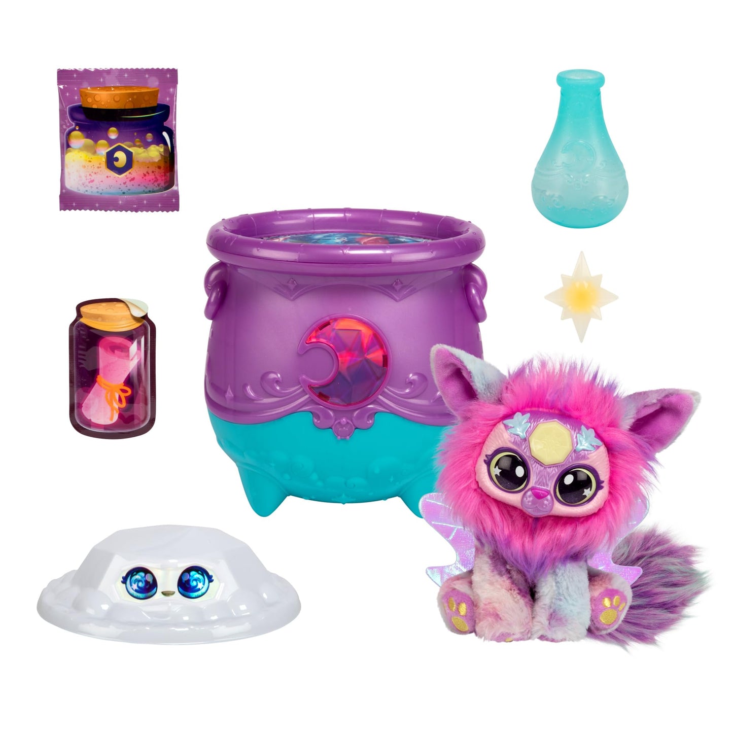 Magic Mixies Magical Gem Surprise Cauldron: Moon. With New Shimmer Eyes! Reveal An Mixie Plushie From The Fizzing Cauldron And Discover 2 Magical Lunar Gem Surprises! Styles May Vary