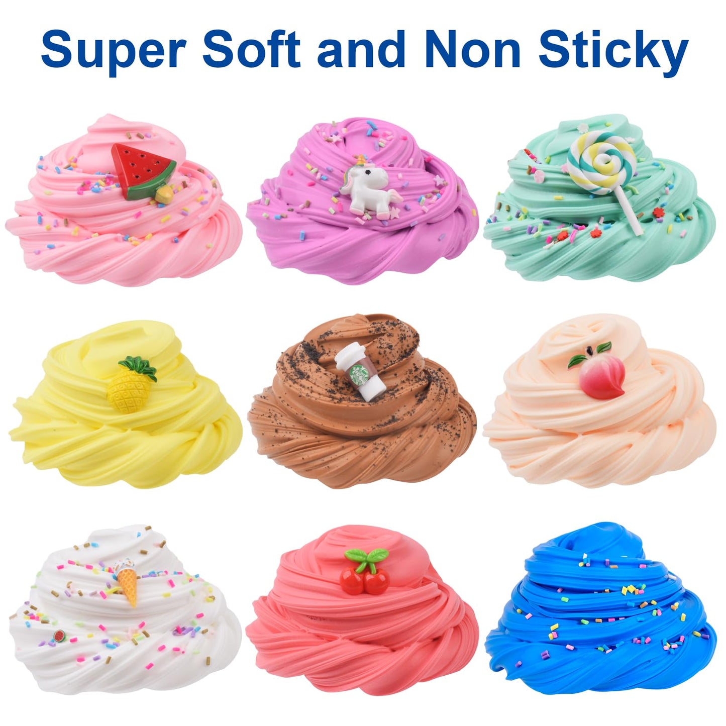 WUHUANIU 9 Pack Scented Butter Slime Kit Ideal Slimes Bulk for Kids Super Soft and Non Sticky DIY Slime Surprise Toy with Charm Unicorn Cherry Ice Cream Cake Watermelon Latte and More