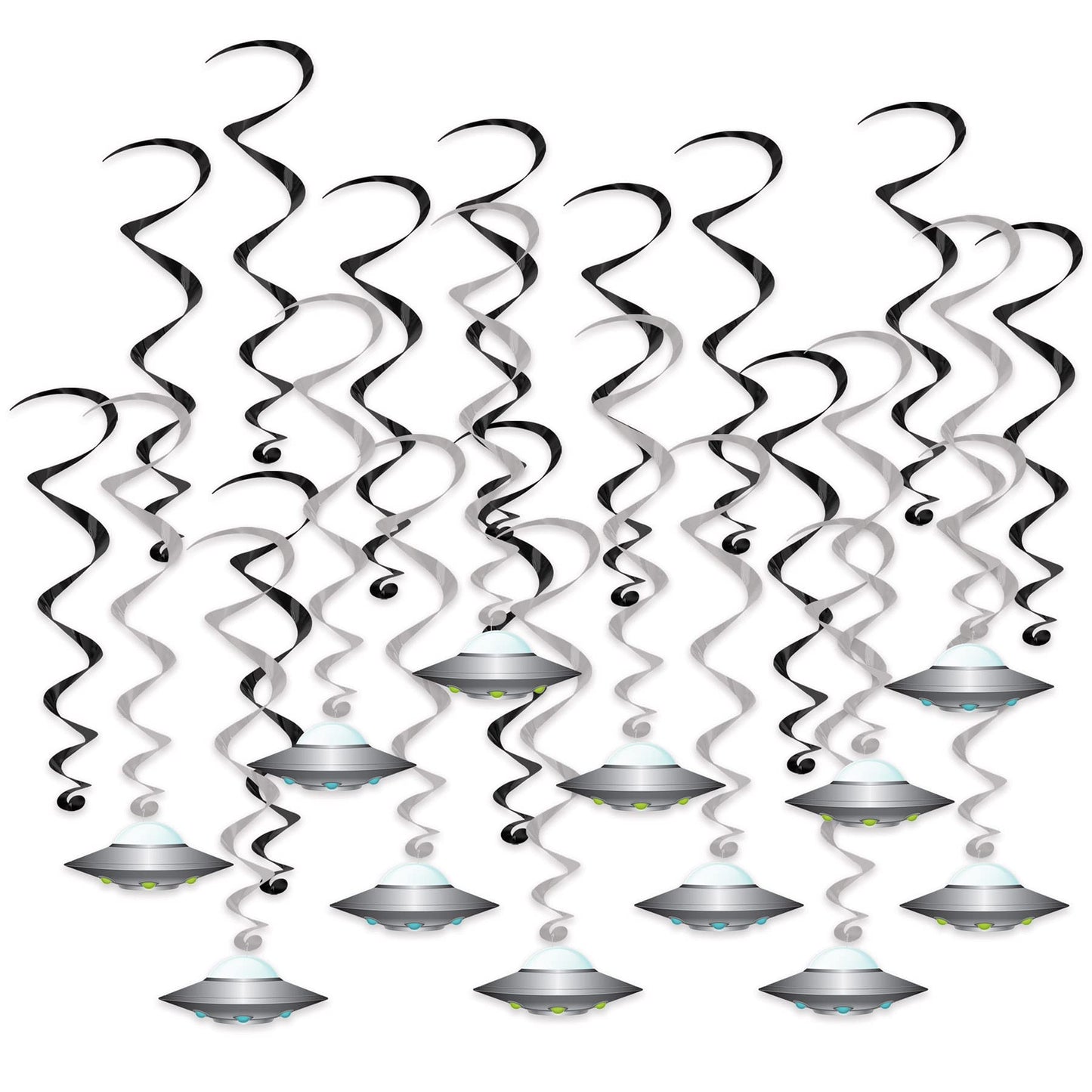 Beistle 24-Piece Flying Saucer Whirls Hanging Spirals, Extraterrestrial Spaceship Design, Space Alien Party Decorations for Birt