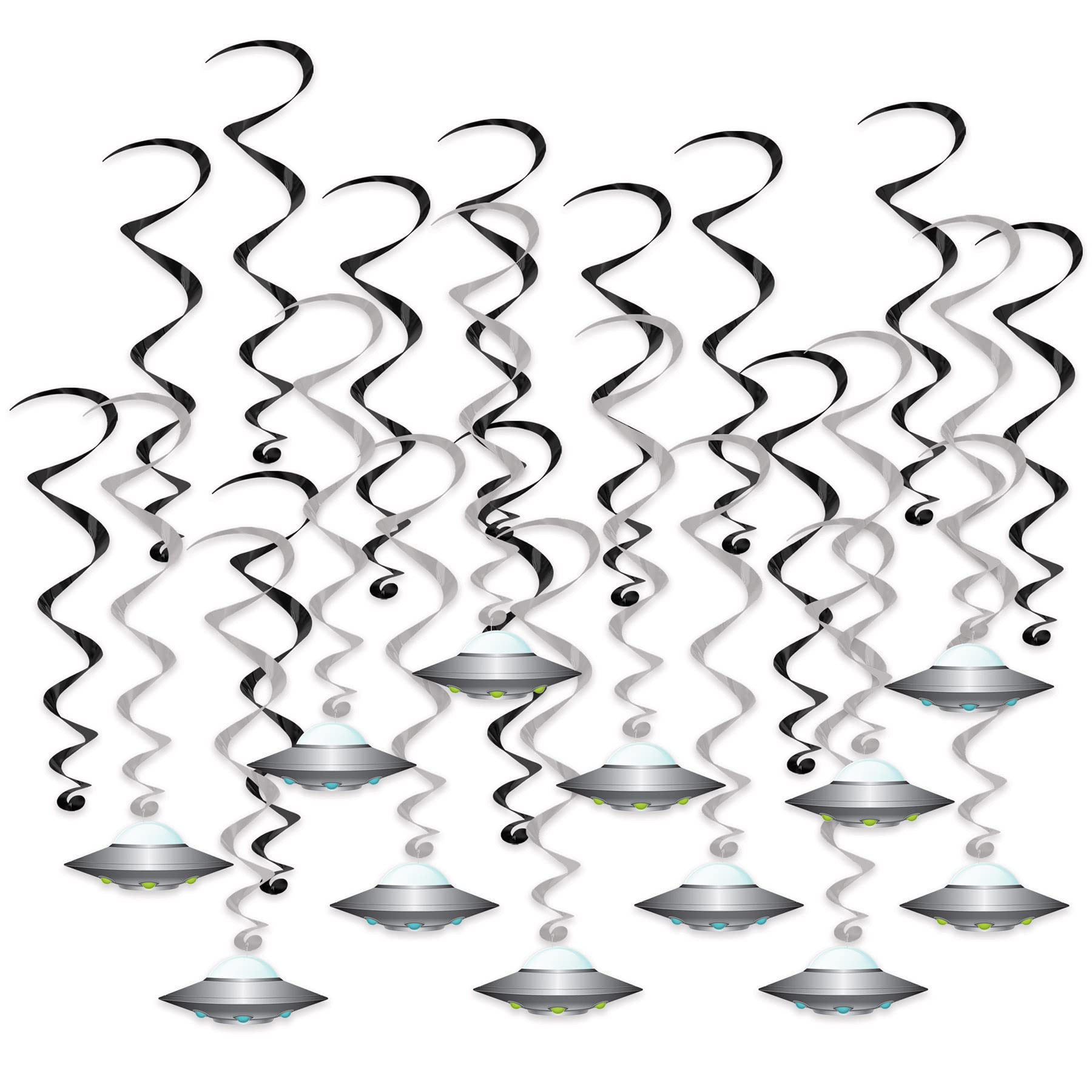 Beistle 24-Piece Flying Saucer Whirls Hanging Spirals, Extraterrestrial Spaceship Design, Space Alien Party Decorations for Birt