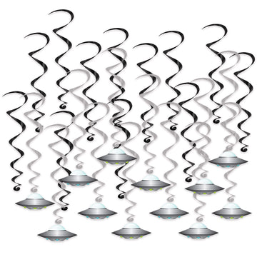 Beistle 24-Piece Flying Saucer Whirls Hanging Spirals, Extraterrestrial Spaceship Design, Space Alien Party Decorations for Birt