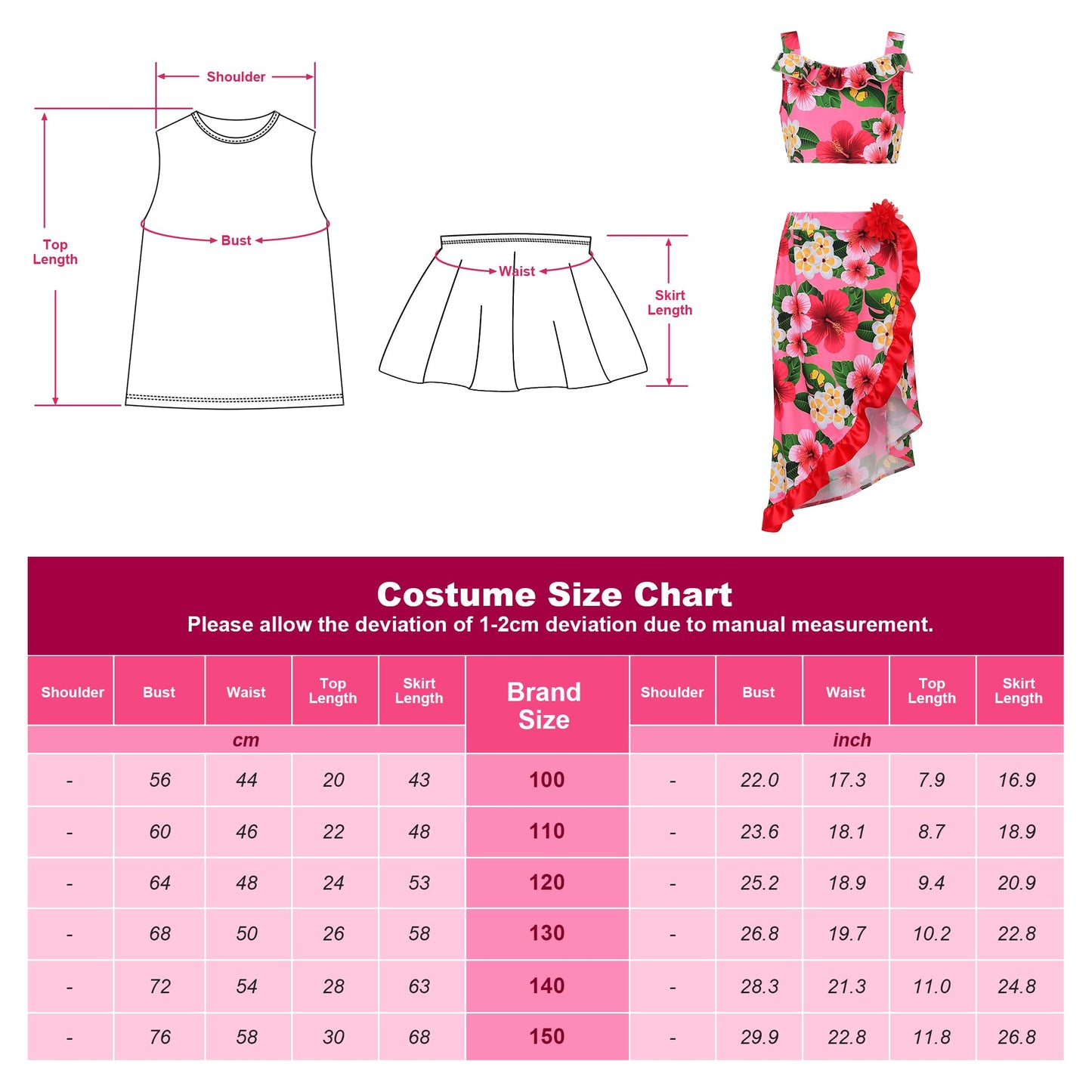 Relibeauty Hawaiian Skirt Costume For Girls Red Flowers 6 Piece Kit, 110