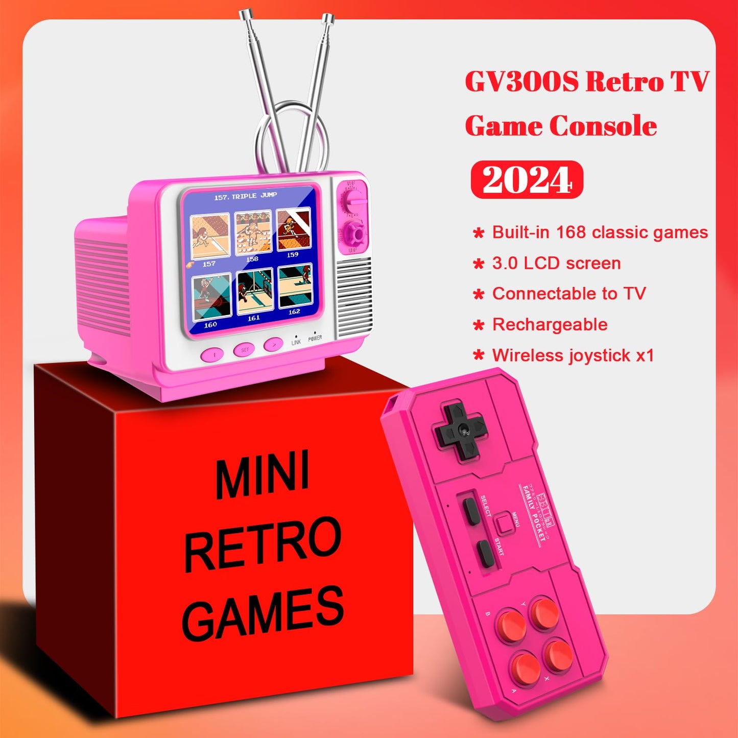 Easegmer Retro Handheld Game Console With 168 Classic Games, Mini Tv Style, 3.0'' Screen, Av Output, 2 Player Support, Rechargea