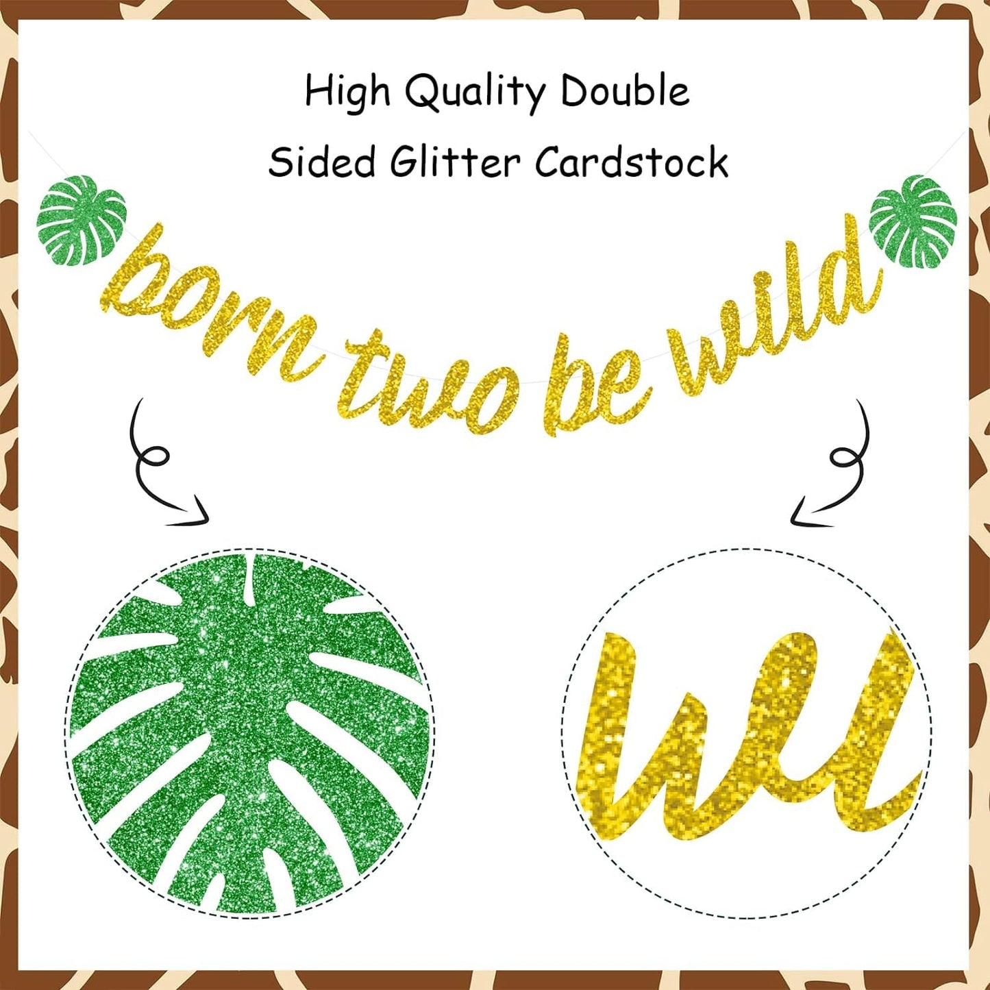 Sursurprise Born Two Be Wild Banner Gold Glitter Animal Print Cheetah Garland, Jungle Safari Theme Wild Two Second Birthday Part