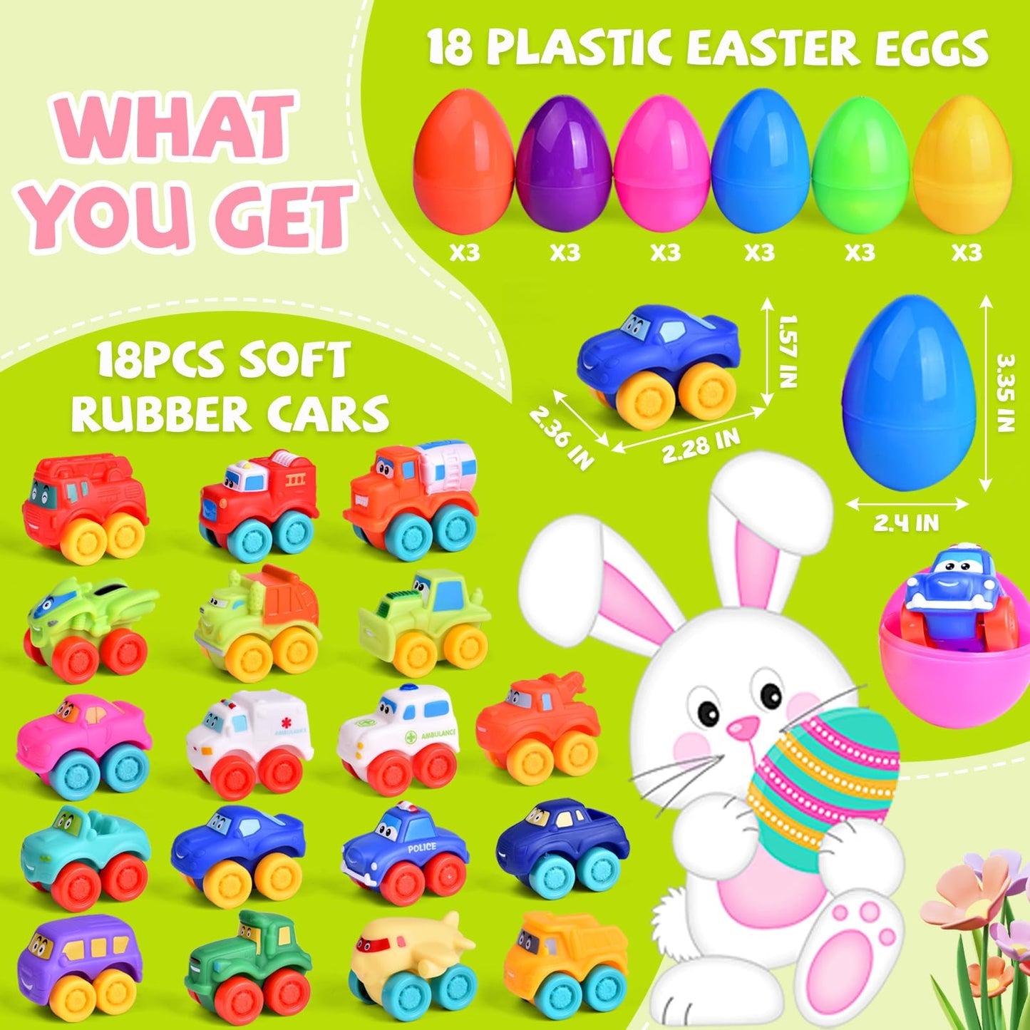 Fun Little Toys 18Pcs Prefilled Easter Eggs With Toy Cars, Easter Eggs Filled For Toddlers Kids Boys Hunt, Easter Party Favors,