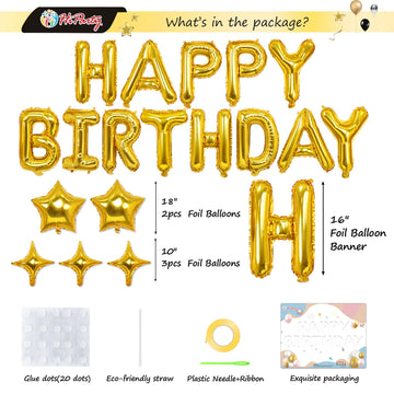 23Pcs Birthday Balloons Banner, 3D Gold Premium Mylar Foil Ecofriendly Letter Happy Birthday Banner With 5Pcs Star Balloons Kits