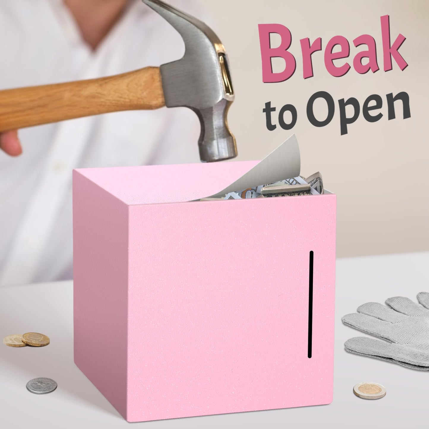 Piggy Bank For Adults Must Break To Open, Unbreakable Adults Piggy Bank Made Of Stainless Steel, Metal Saving Bank (Pink, 7.9-In
