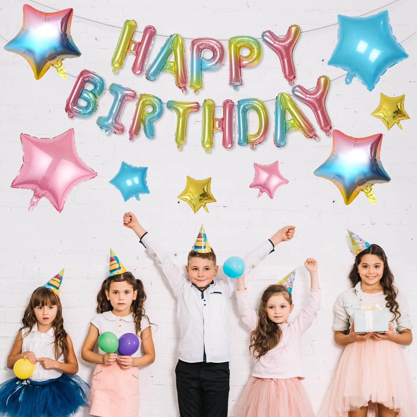 Happy Birthday Balloons Banner, Rainbow Happy Birthday Foil Balloons 16 Inch Mylar Foil Letter Balloons With 8 Pcs Gradient Blue