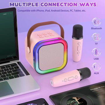 Mini Karaoke Machine for Kids, Haomuren Protable Bluetooth Speaker with 2 Wireless Microphone and LED Color Lights, Christmas Bi