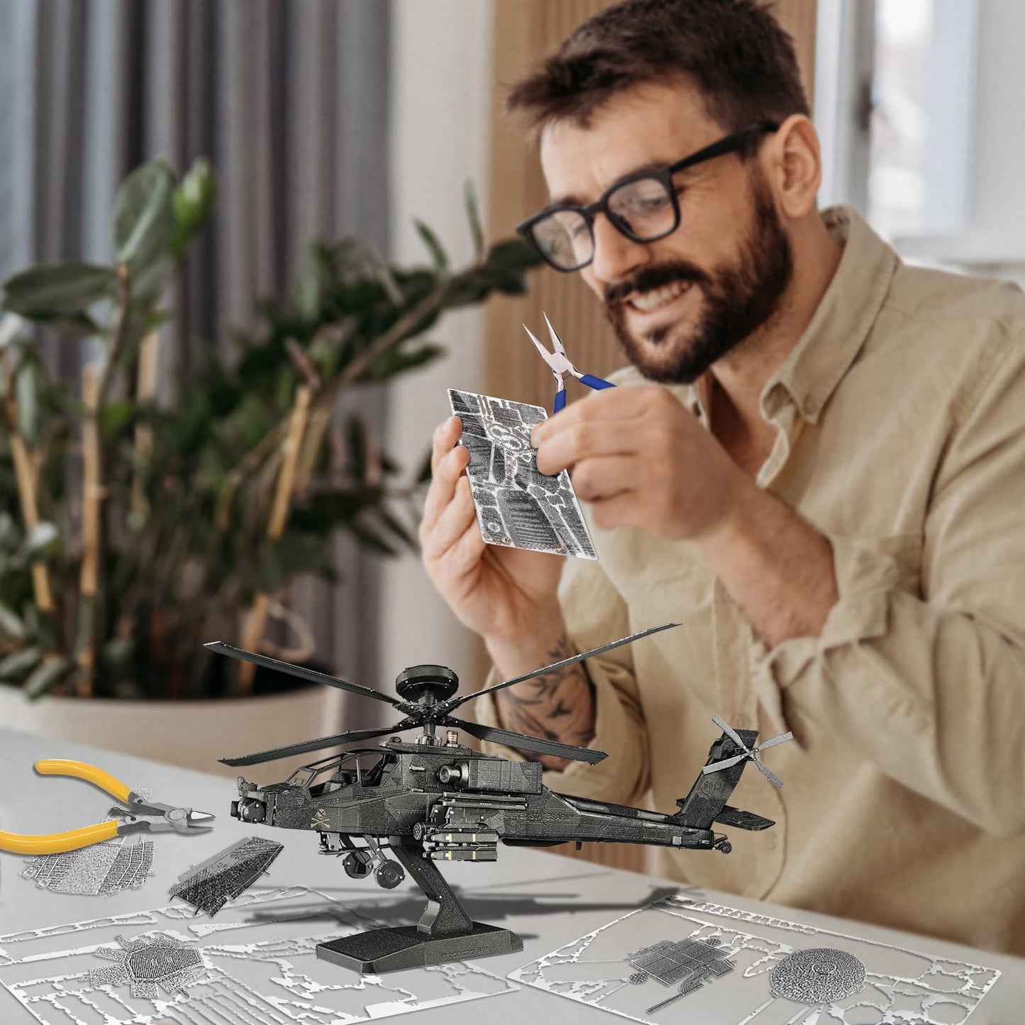 Piececool 3D Metal Model Kits, Ah-64 Apache Military Helicopter Airplane Models Building Kits For Adults And Teens Men Hobbies Diy Brain Teaser Puzzles, Great Birthday Gifts, 145 Pcs