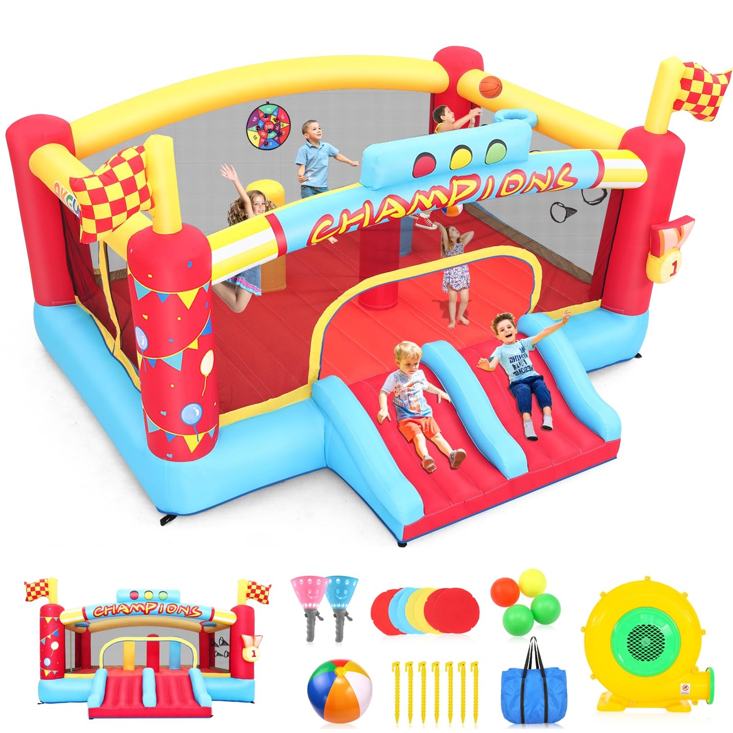 AKEYDIY Inflatable Obstacle Course Bounce House for Kids  13.12FT x 11.16FT Racing Party Bouncy House for Kids 3-12 w/Large Jumping Area  Basketball Hoop & Racing Slide  Target Toss Game  550W Blower