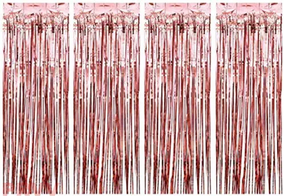 PRVV Pack of 4 Pcs, 3 x 6 feet Each, Rose Gold Foil Fringe Tinsel Metallic Backdrop Curtains for Birthday Decoration Wedding Eng