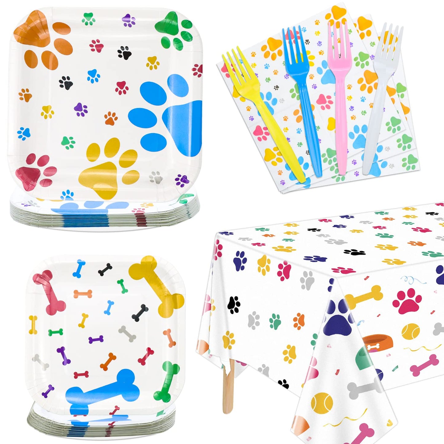 Dog Party Supplies Serve 20 - 81Pcs Plates Napkins Tablecloth Forks Set for Doggy, Kids, Dog Birthday Party Decorations Dog Them