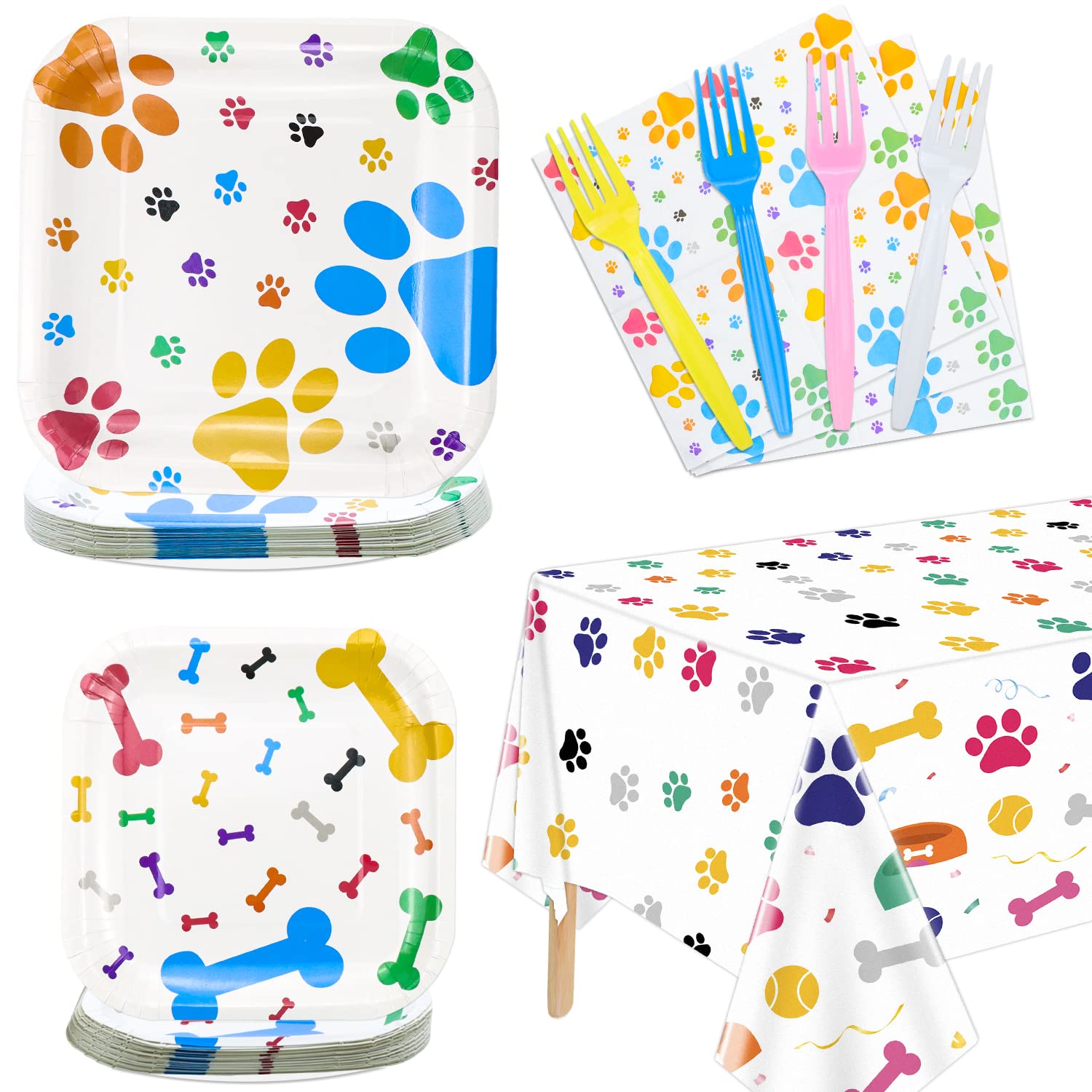 Dog Party Supplies Serve 20 - 81Pcs Plates Napkins Tablecloth Forks Set for Doggy, Kids, Dog Birthday Party Decorations Dog Them