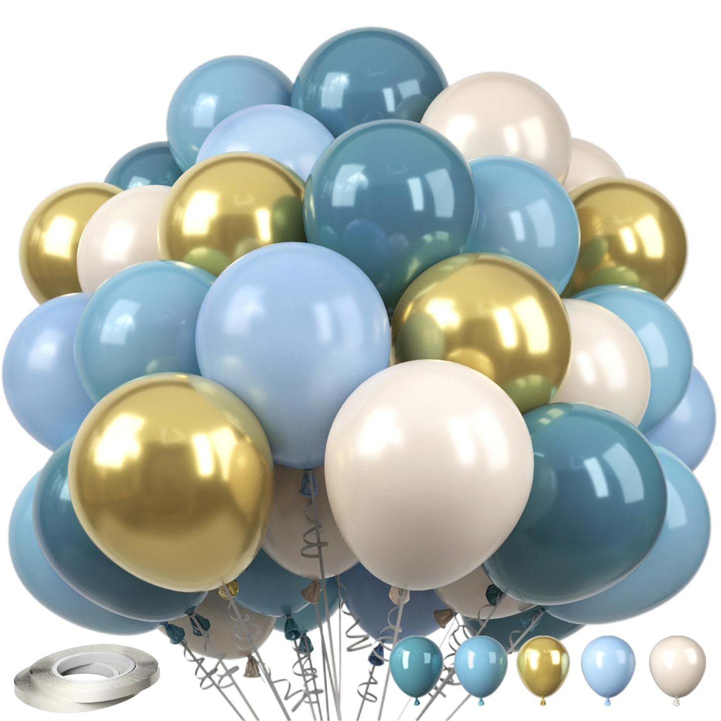 Dusty Blue Balloons, Blue And Gold Balloons,12 Inches 60Pcs White Sand Pastel Macaron Blue Ocean Blue Chrome Gold Balloon Boho B