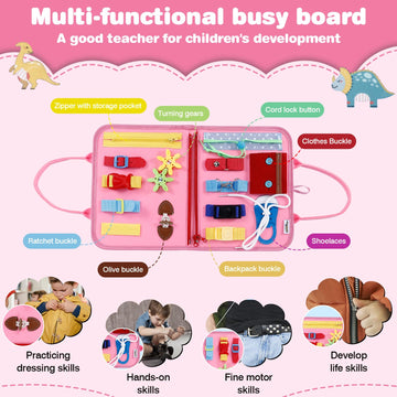 Jhkim Busy Board For Toddlers 1-4, Sensory Board Travel Toys Gifts For 1 2 3 4 Year Old Girls Boys, Montessori Toys To Learn Fine Motor Skills, Educational Activities Busy Book For Airplane Car (Pink)