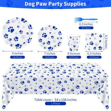 Durony 121 Pieces Blue Paw Print Party Supplies Dog Birthday Tablecloth, Plates, Napkins, Forks And Paper Cups Decorations For P