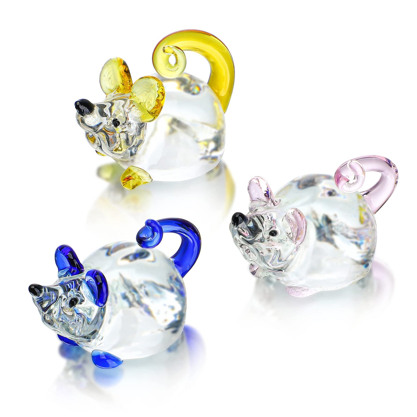 H&D Hyaline & Dora 3 Pack Glass Crystal Mouse Figurines Collectibles,Hand Blown Art Glass Animals Miniature Garden Decor Statue