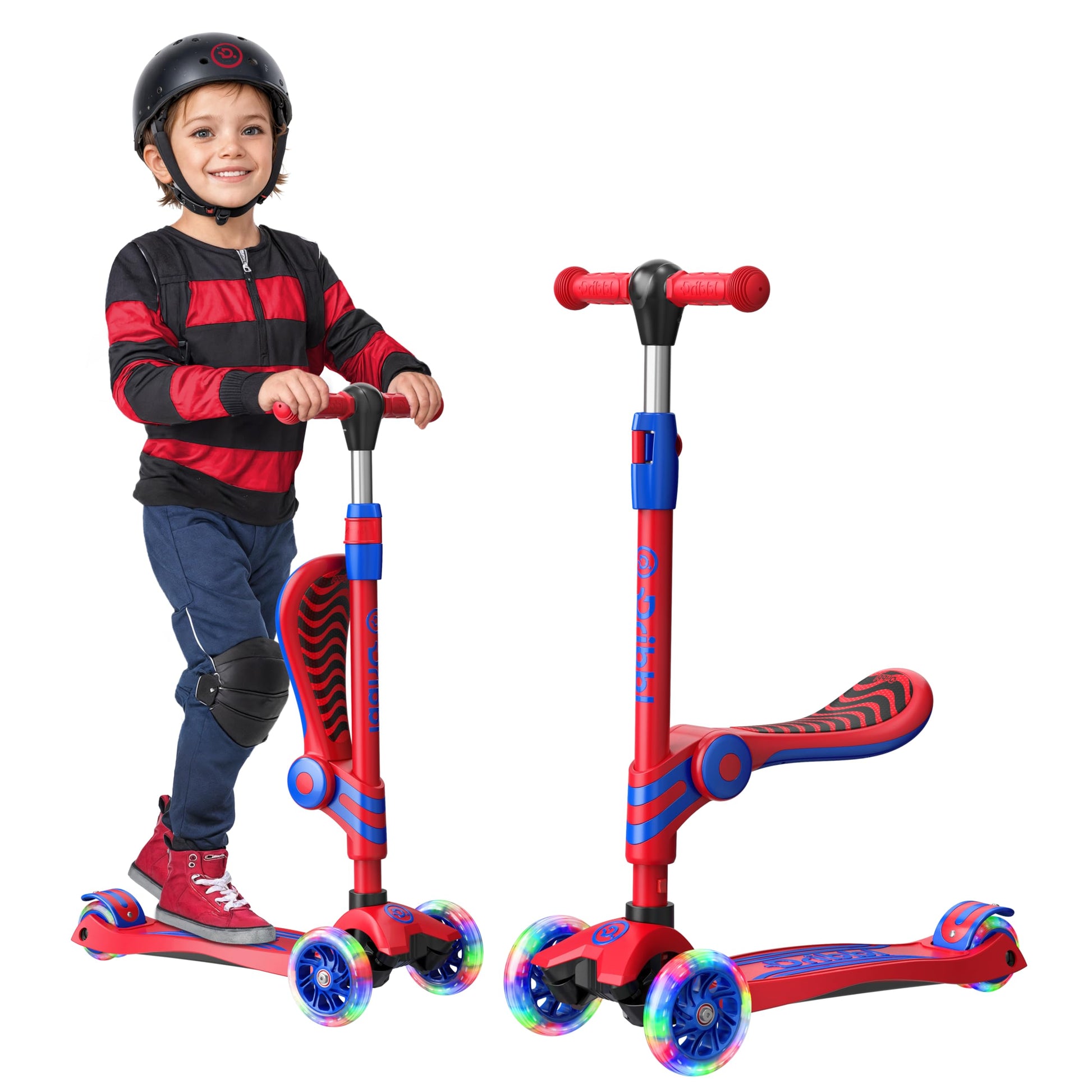 Red and Blue 3 Wheel Scooter with Seat for Kids, Light-Up Wheels, Adjustable Lean to Steer Handlebar and Seat, Smooth Wheels, Wi