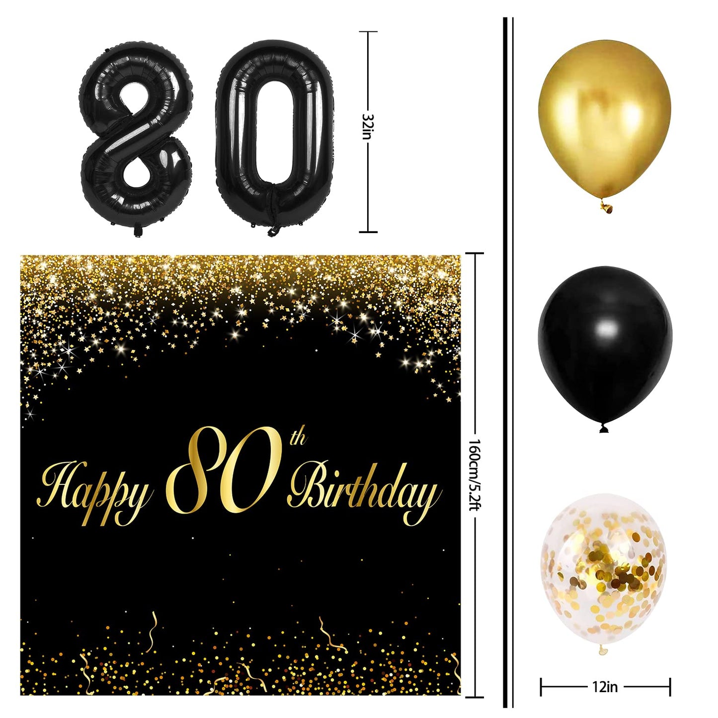 Happy 80Th Birthday Balloons Black Set Decor - Cheers To 80 Years Old Party Theme Garland Banner Backdrop Decorations For Women