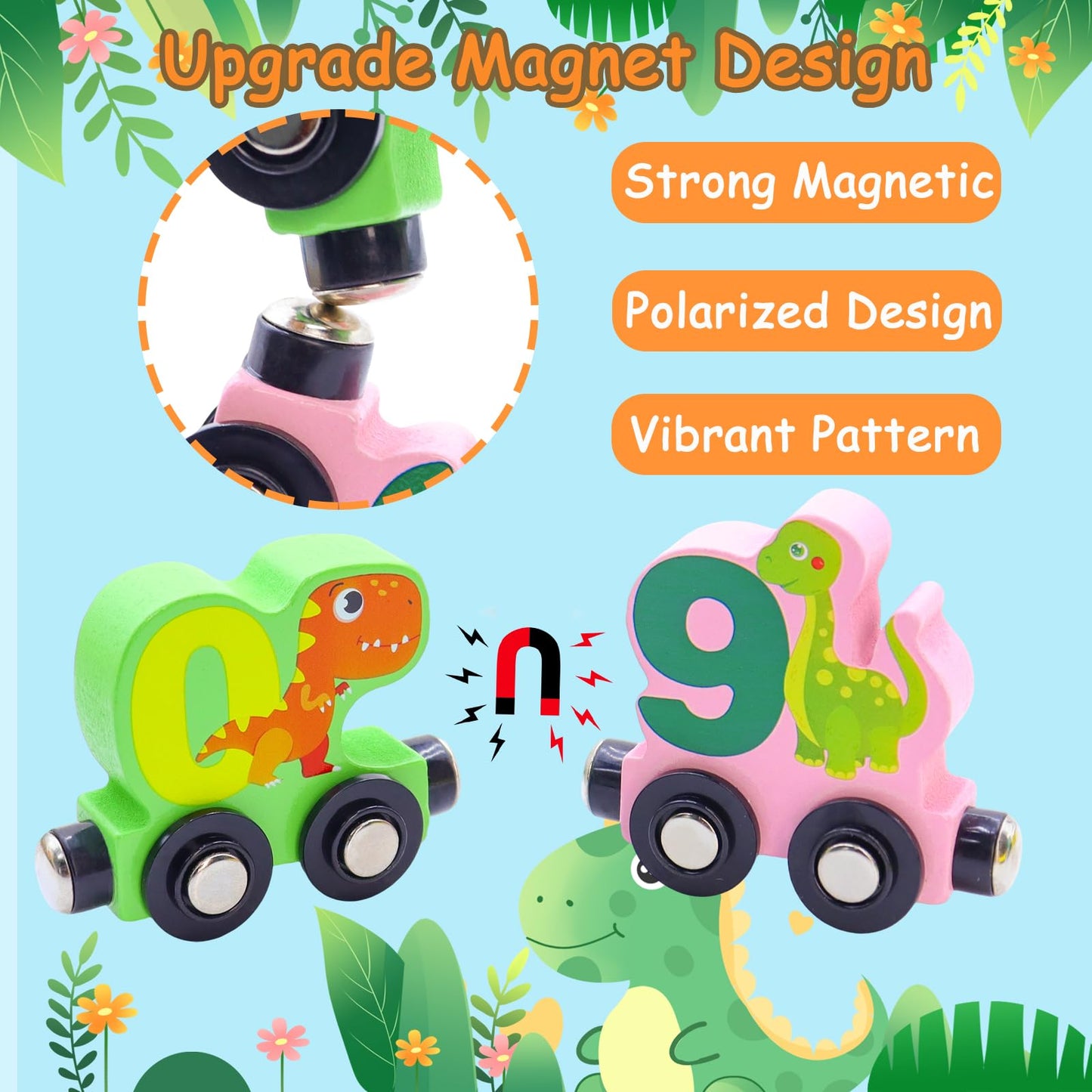 Humerry Dinosaur Toys For Kids 2-4, Wooden Magnetic Train Set, 11 Pcs Number Trains Learning Activities For Kids, Birthday Gifts Infant Development Toys For Boys Girls