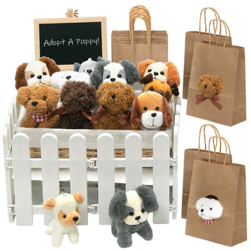 35Pcs Adopt A Puppy Party Favors Mini Stuffed Animals Set Includes 12Inch Rattan Frame 12 Pcs Mini Plush Dogs 12 Gift Bags White