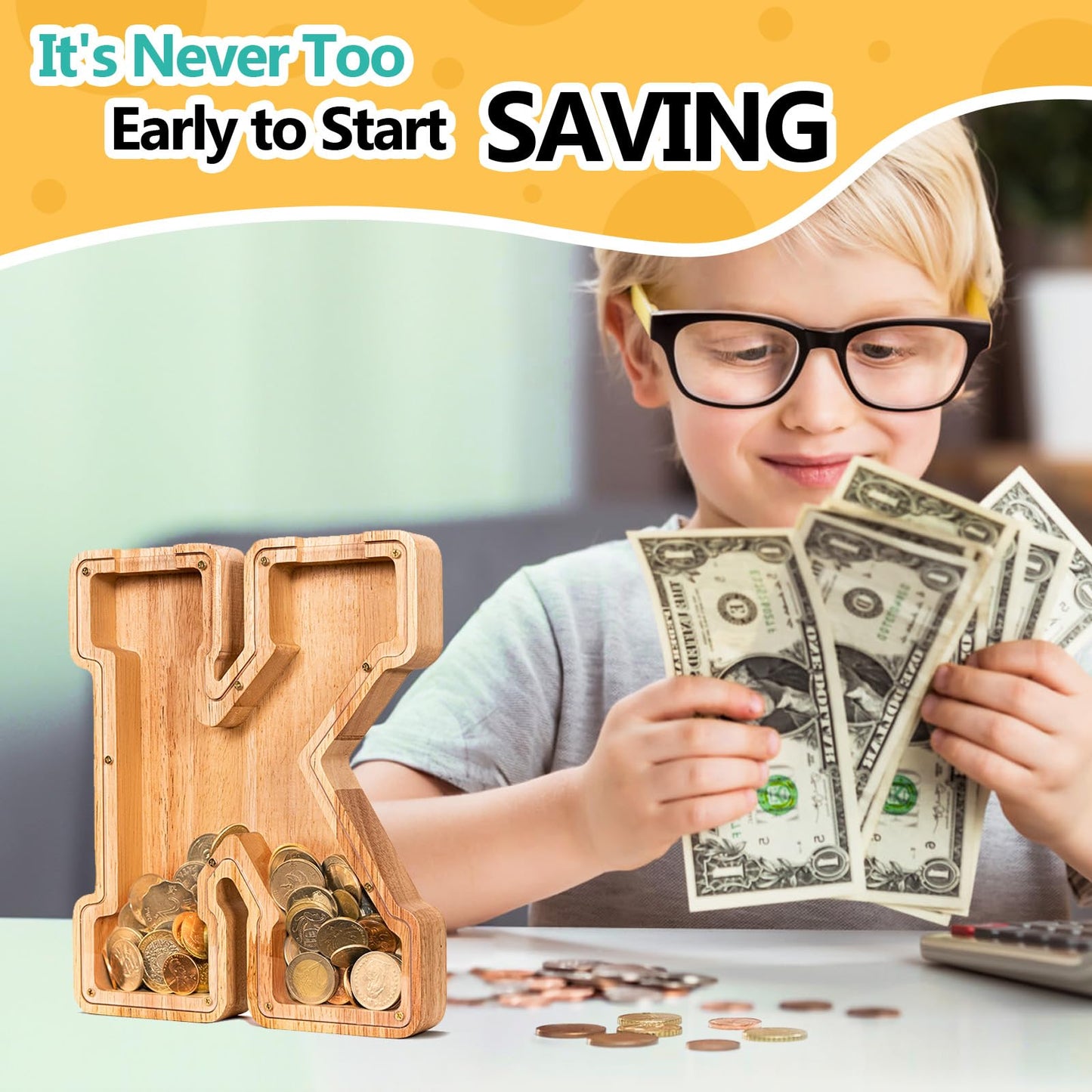 SummiDate Wooden Letter Piggy Bank for Kids| Piggy Bank for Boys Girls Toddler| Alphabet K Money Bank| Wood Coin Bank Personalized Birthday Gift for Kids (K)