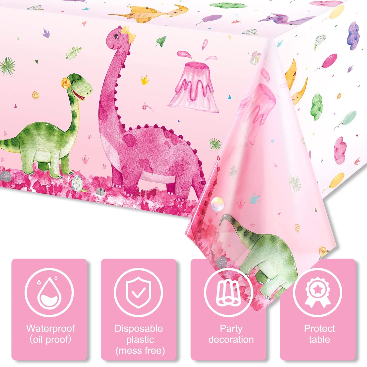 3 Pieces Dinosaur Party Tablecloths Pink Dinosaur Table Covers Plastic Disposable Dinosaur Printed Table Cloths Rectangular Dino