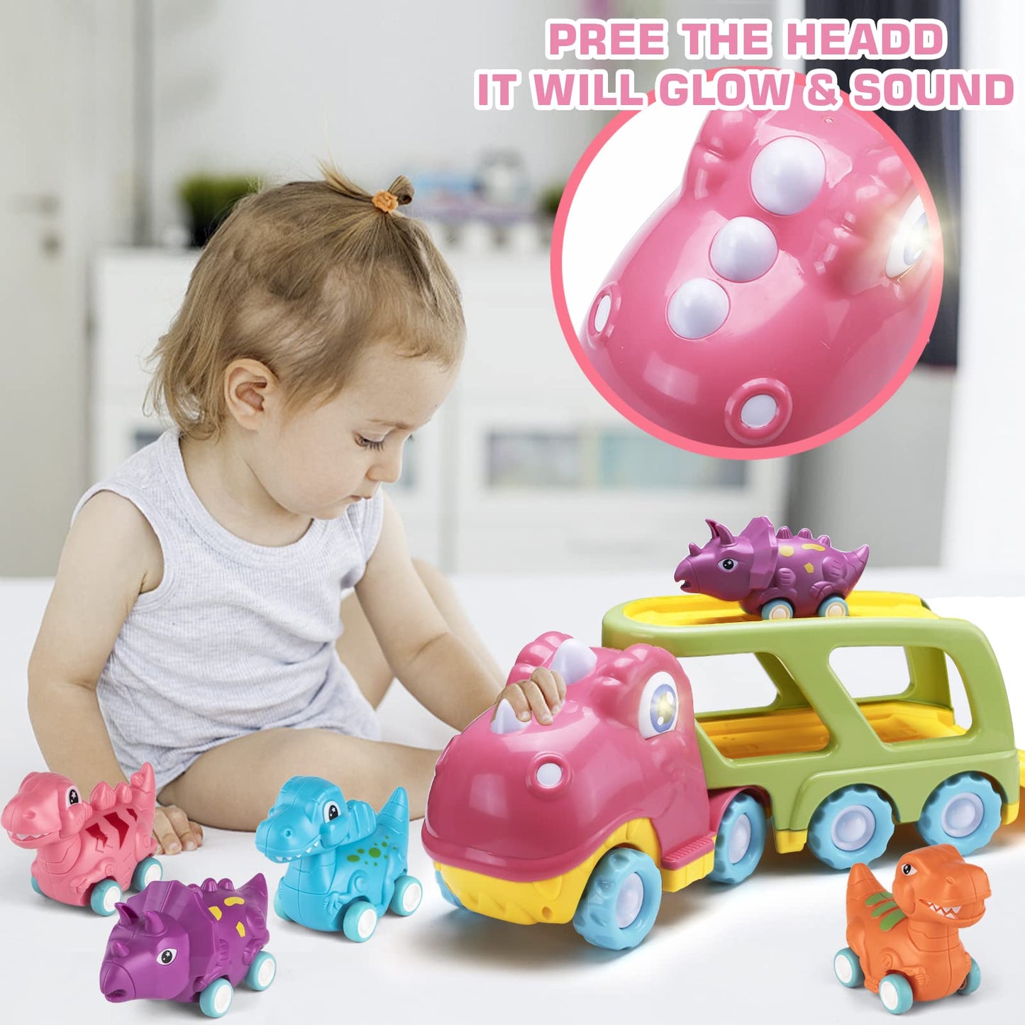 Dinosaur Car Toy for Toddler Girl, Dino Carrier Truck with 4 Mini Cartoon Pull Back Cars with Realistic Lights and Sounds, Pink