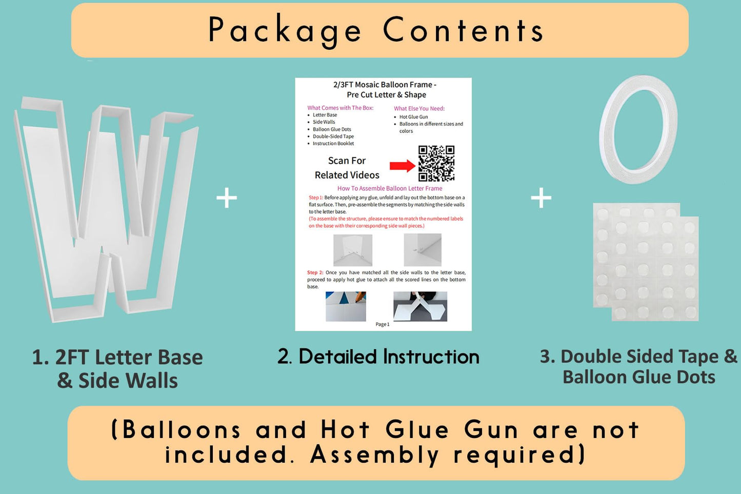 JW Passion 2FT Mosaic Balloon Frame - Fillable Letter W Kit for Birthday Party & Wedding Decor, Premium Foam Material