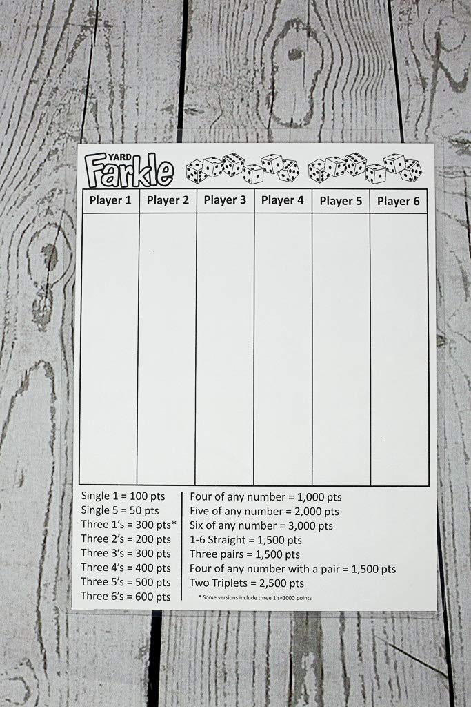 Yard Farkle Score Cards With Rules On The Back- Laminated Farkle Score Card, Reusable Score Card, Size- 8.5'' X 11'' (Five Farkl