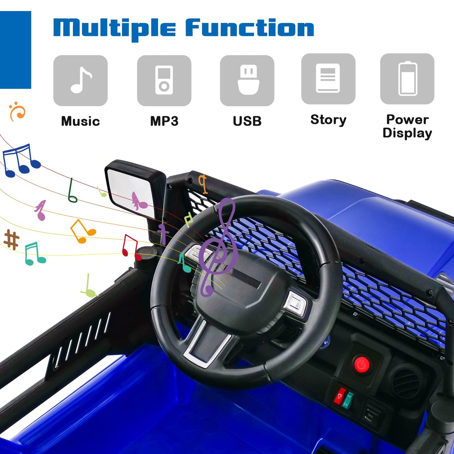 OLAKIDS Kids Ride On Truck  12V Electric Vehicle Car with Remote Control  Toddlers Battery Powered Toy with 2 Speeds  Spring Suspension  Double Open Doors  LED Lights  TF  Music  USB  Mp3 (Blue)