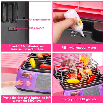 Girls BBQ Grill Playset with Pretend Smoke Sound Light Kids Pink Kitchen Toy Age 2-4 3-5 4-8 Toddler Camping Cooking Set Play Fo