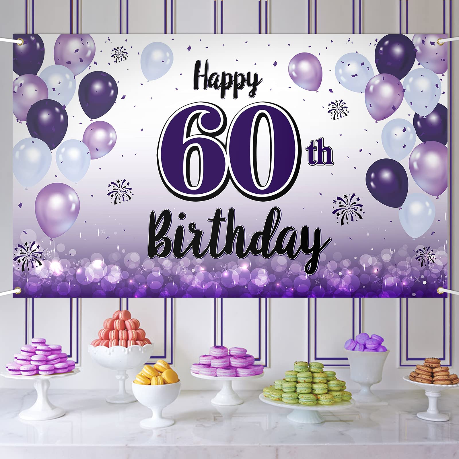 LASKYER Happy 60th Birthday Decorations,60th Purple Balloon Large Birthday Banner Backdrop Sign,Cheers to Sixty Years Old Bday P