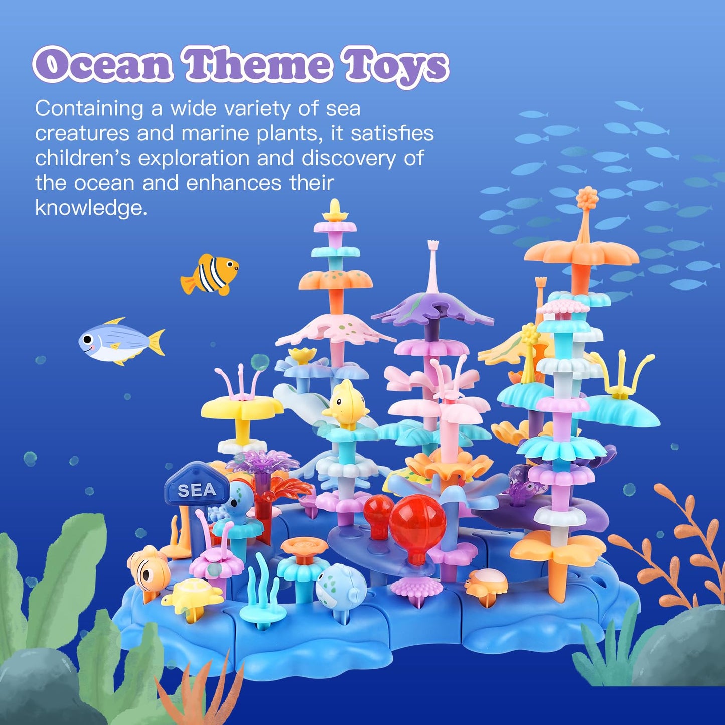 Wulumu 96PCS Ocean Adventures DIY Building Stacking Toys Set Educational STEM Toy Gift for Kids with Organiser Box Fun Cognitive Learning Toys for Girls/Boys Toddler Beach Toy