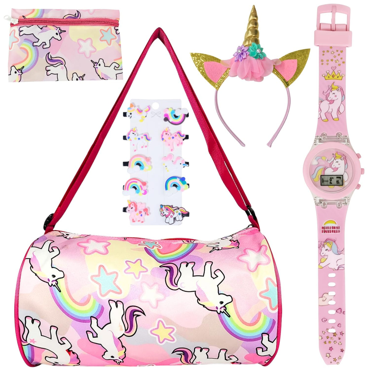 BellaStella 14 Pcs Unicorn Combo Gift Set Featuring 1 Duffel Bag, 1 Pencil Pouch, 10 Hair Clips, 1 Golden Hairband, and 1 Digita