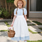 FORTMAC Pioneer Dresses for Girls Colonial Prairie Dress Girls Short Sleeves 1800s Pilgrim Costume with Apron and Bonnet Blue 6-