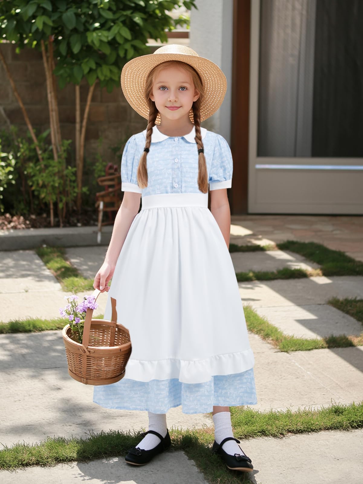 FORTMAC Pioneer Dresses for Girls Colonial Prairie Dress Girls Short Sleeves 1800s Pilgrim Costume with Apron and Bonnet Blue 9-