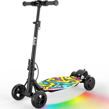 ARBELI 4-Wheel Electric Scooter for Kids w/250W Brushless Motor  Up to 10 MPH & 8.5 Miles  Rainbow Lights  LED Display  5 Speed & Adjustable Balance  Foldable Kids Electric Scooter  UL-2272 Certified