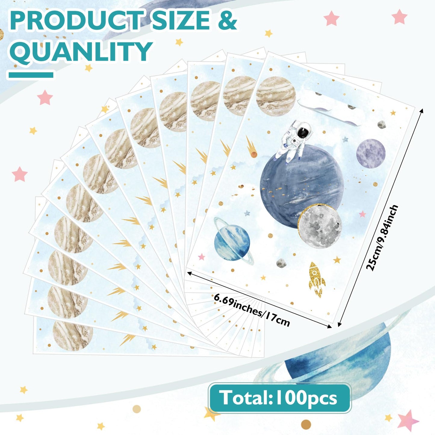 Blosssound 100 Pcs First Trip Around The Sun Space Party Treat Bags Plastic Outer Space Theme Gift Bags with Handles Solar Syste