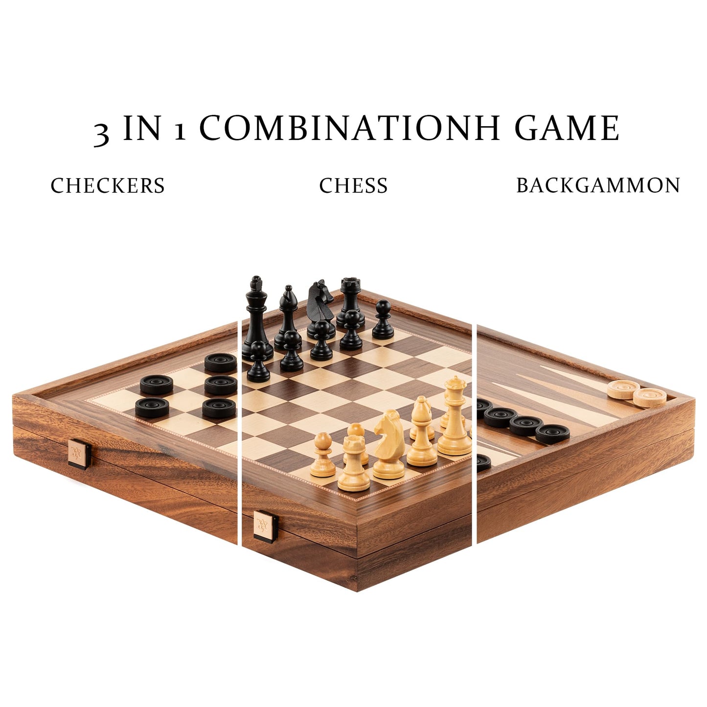 A&A 16 Inch Deluxe 3 In 1 Wooden Backgammon Set-Chess Set With Checkers/ 3.0 Inch King Height Staunton Chess Pieces/Walnut Box W/Cherry Wood & Maple Inlay / 2 Extra Queen/Classic Board Games