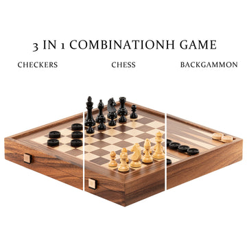 A&A 16 Inch Deluxe 3 In 1 Wooden Backgammon Set-Chess Set With Checkers/ 3.0 Inch King Height Staunton Chess Pieces/Walnut Box W/Cherry Wood & Maple Inlay / 2 Extra Queen/Classic Board Games