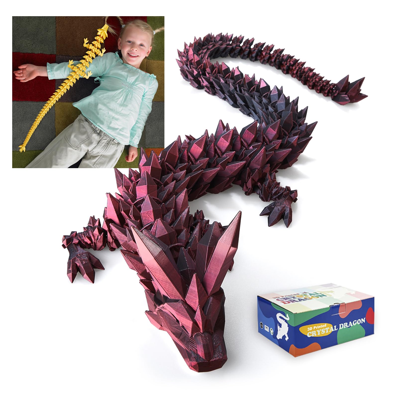 Rwsefk 30 In 3D Printed Dragon, 30Inch Dragon,3D Dragon Toy,Large Dragon Present,Ariculated Crystal Dragon(Red Black